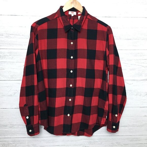Levi's Women's Red Black Flannel Shirt Boyfriend Fit Button Front Long Sleeves M - Picture 9 of 9